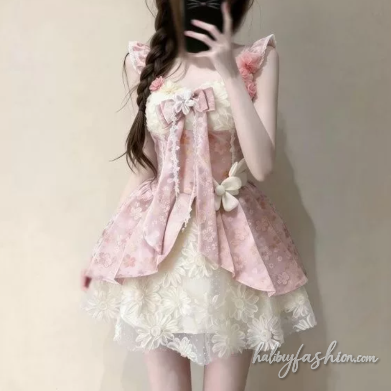 Bowknot flower applique ruched cami mini dress