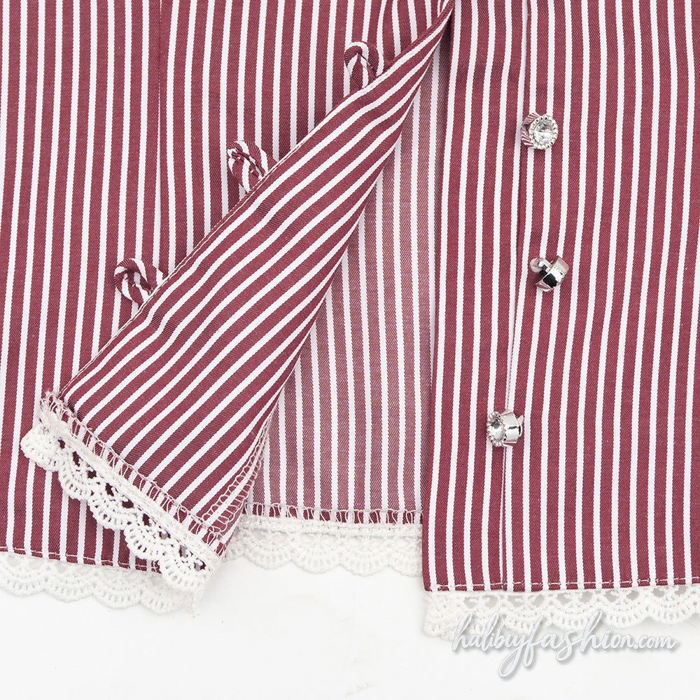 Striped short sleeve lace hem v neck button mini skirt set - Halibuy - 7