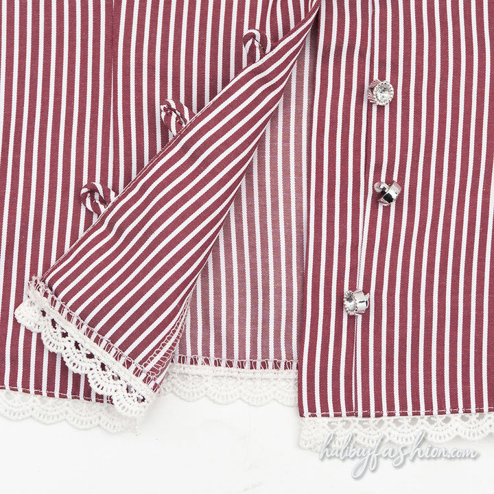 Striped short sleeve lace hem v neck button mini skirt set - Halibuy - 7