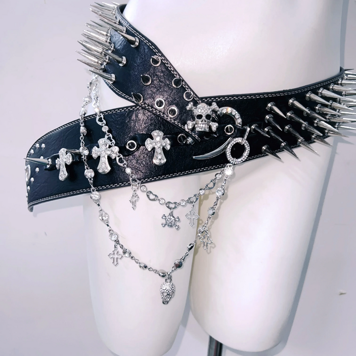 Skull applique rivet metal chain waist belt  | Festival Outfits Women