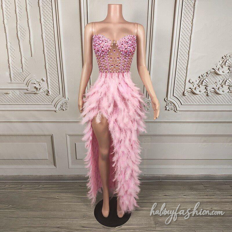 Feather slit beaded irregular backless maxi dress