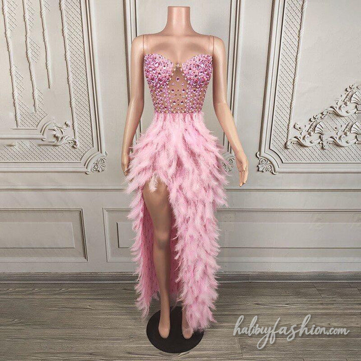 Feather slit beaded irregular backless maxi dress