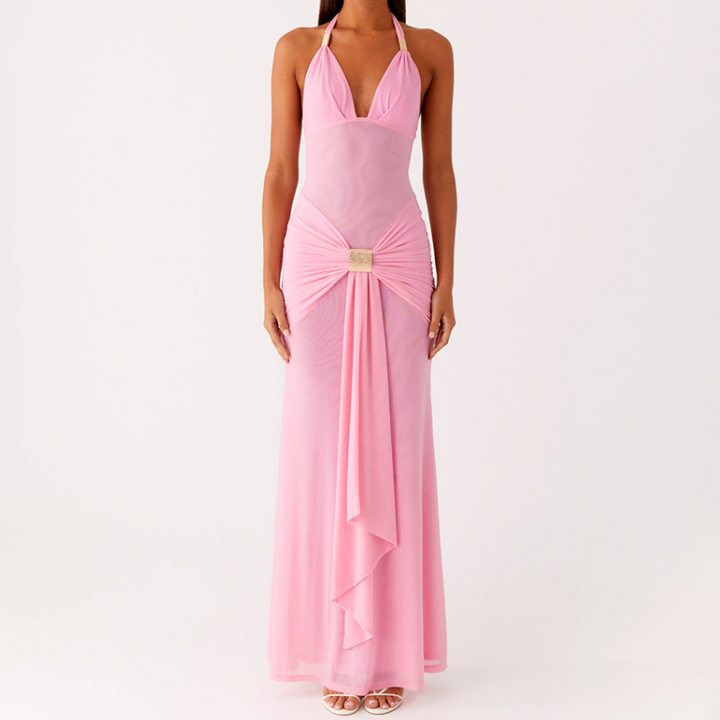 Halter self tie mesh ruched v neck maxi dress  | Festival Outfits Women