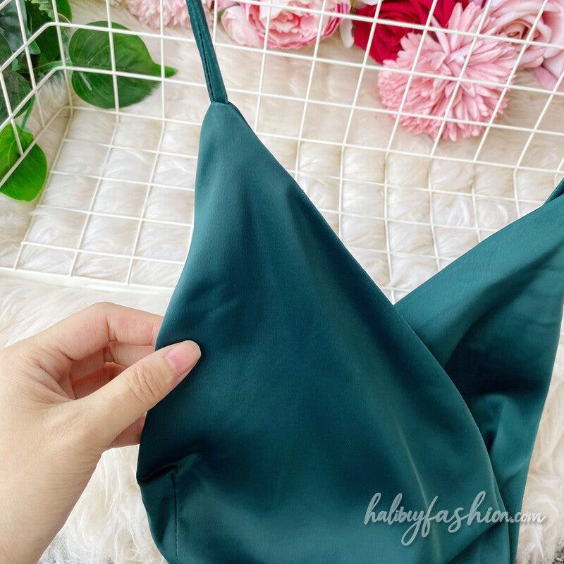 V neck satin cross back cami maxi dress