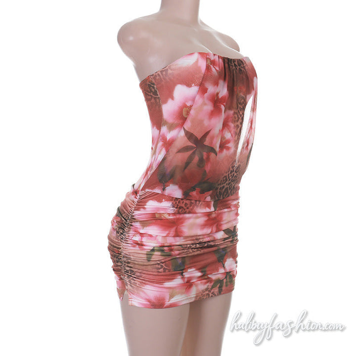 Ruched print backless tube mini dress