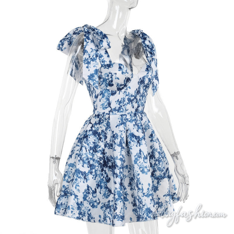 Print v neck smocked self tie cami mini dress