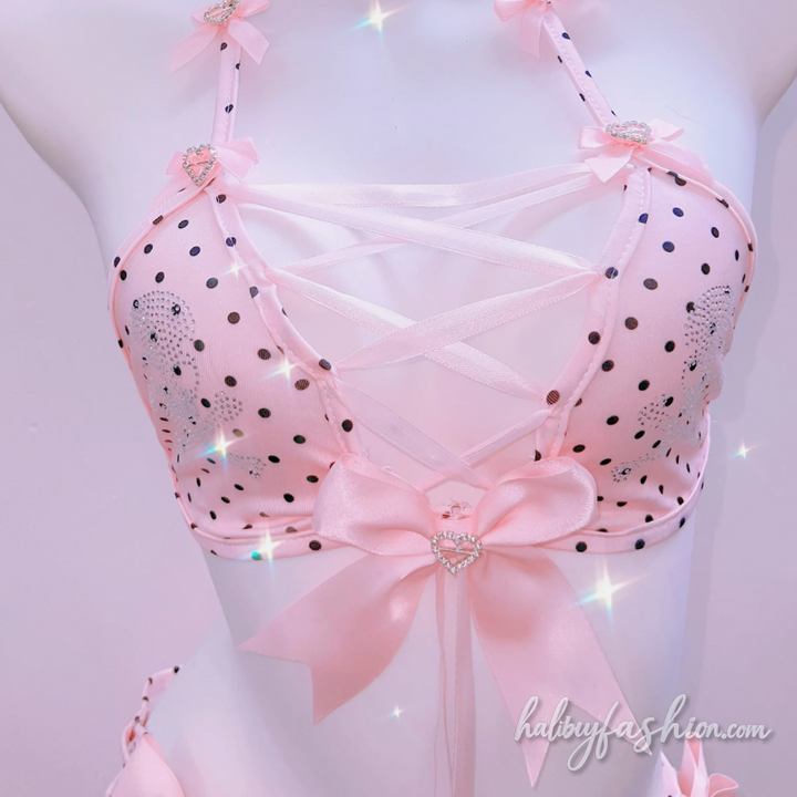 Polka dot halter self tie bowknot beaded mini skirt set