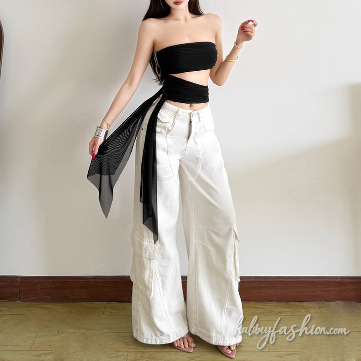 Irregular ruched zip-up hollow out tube top