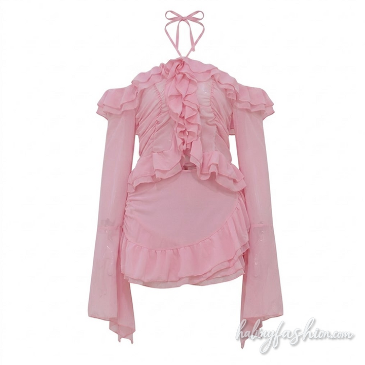 Long flared sleeve ruffle halter off shoulder mini skirt set