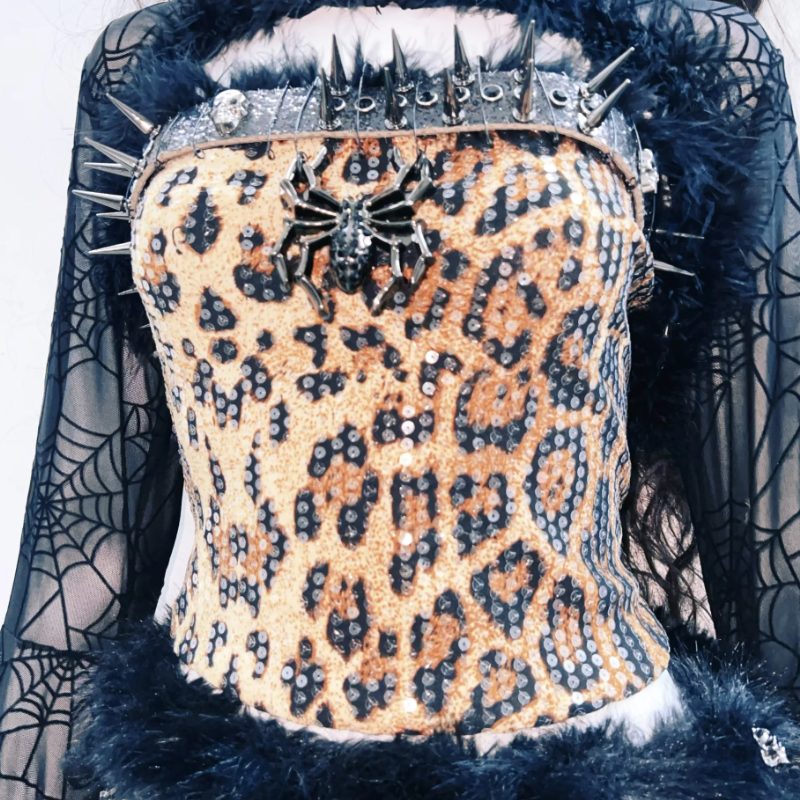 Leopard print glitter long sleeve spider applique mini skirt set  | Festival Outfits Women  | Leopard Print Mini Dress