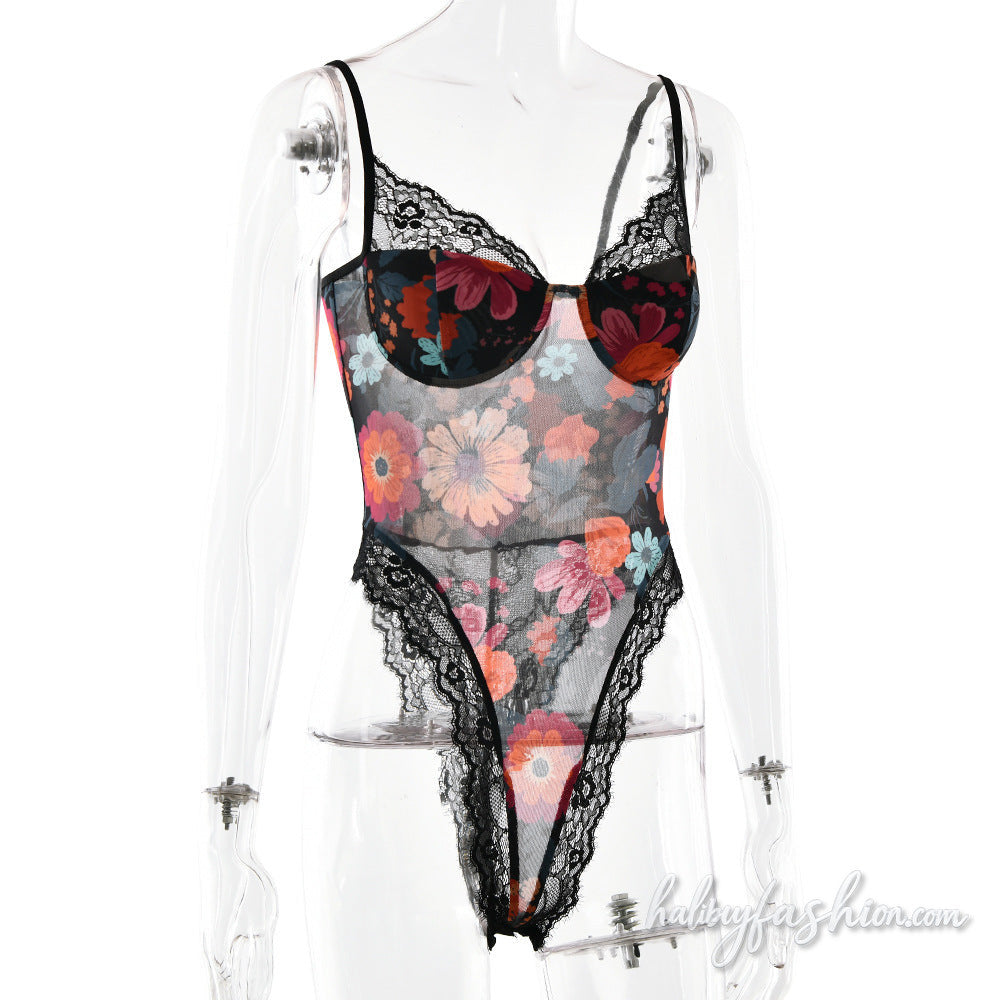 Lace hem v neck flower print mesh cami bodysuit