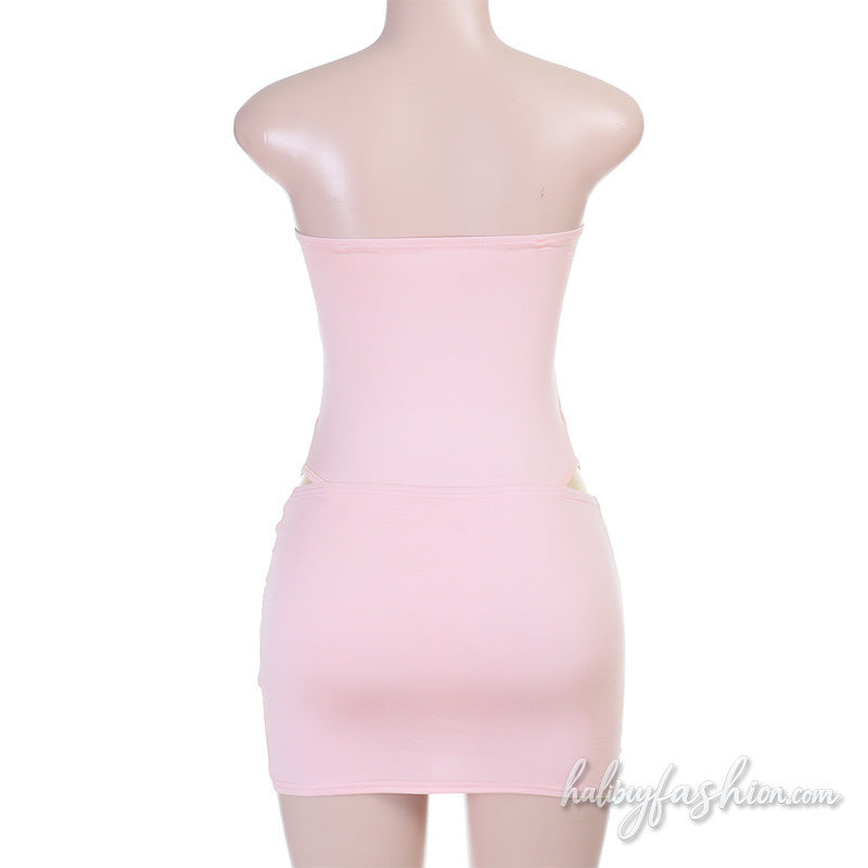 Hollow out ruched solid tube mini skirt set