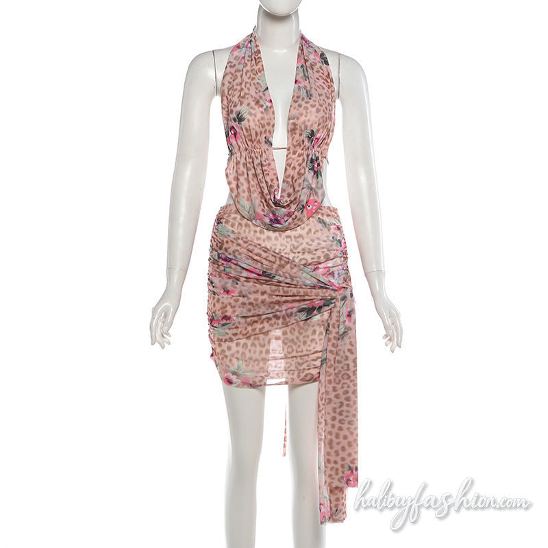 Leopard print ruched halter irregular mini skirt set