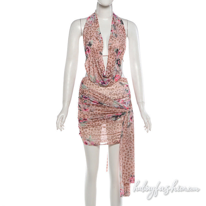 Leopard print ruched halter irregular mini skirt set