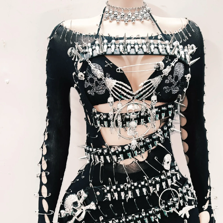 Off shoulder skull applique hollow out cut out mini dress  | Festival Outfits Women