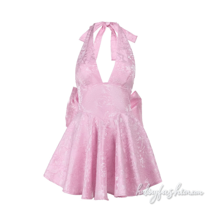 Halter self tie bowknot v neck print mini dress