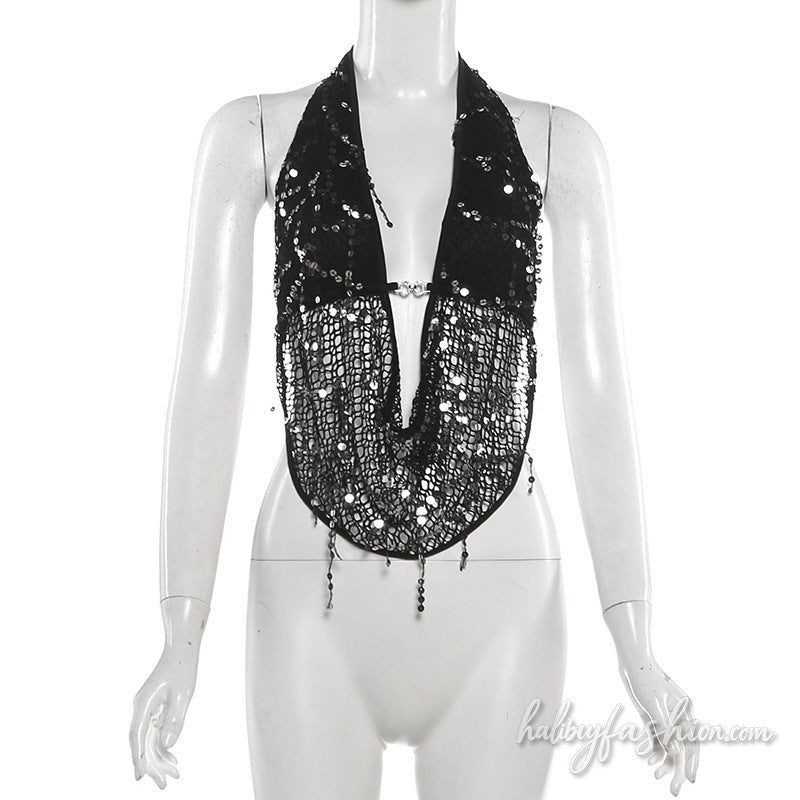 Halter self tie glitter hollow out backless top