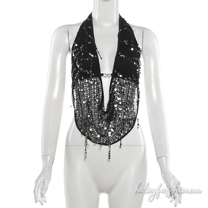 Halter self tie glitter hollow out backless top