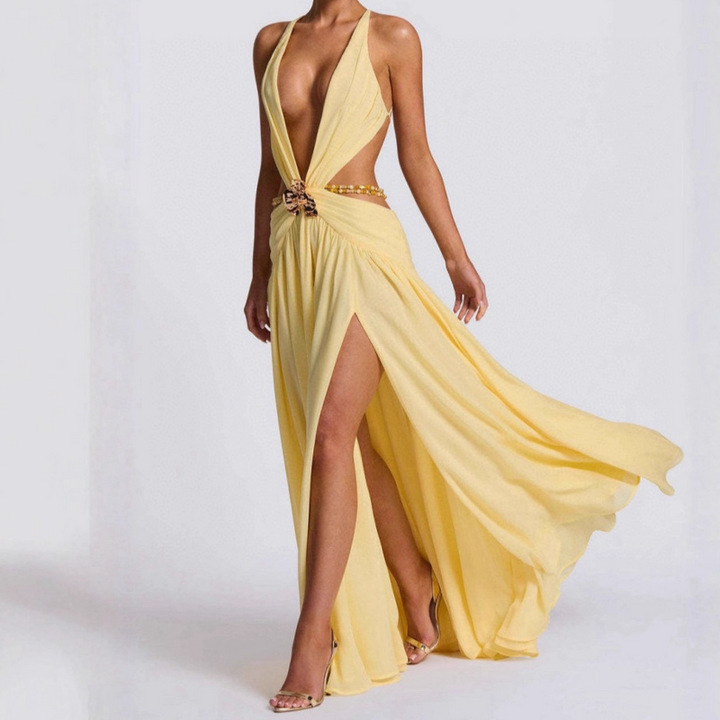 Beaded deep v neck slit cross back self tie maxi dress  | Festival Outfits Women