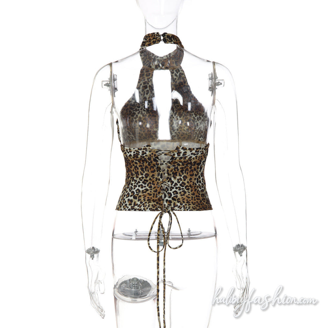 Leopard print halter button lace up hollow out top - Halibuy - 5