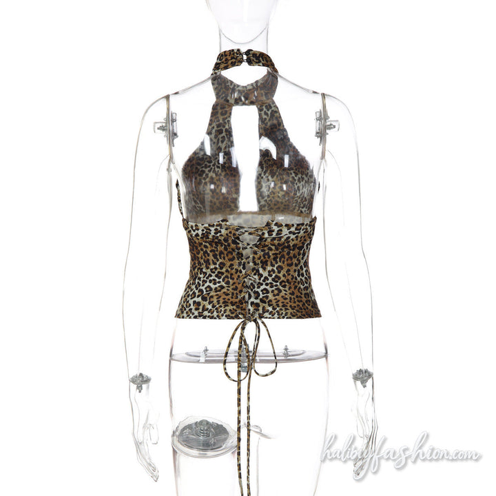 Leopard print halter button lace up hollow out top - Halibuy - 5