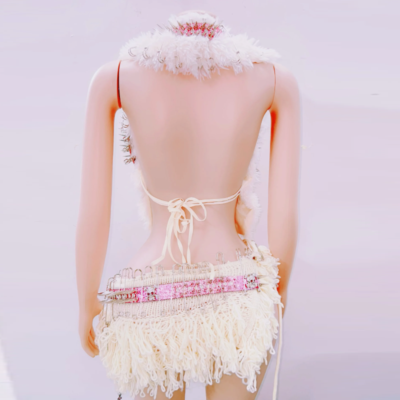 Fluffy rivet halter skull applique self tie mini skirt set  | Festival Outfits Women