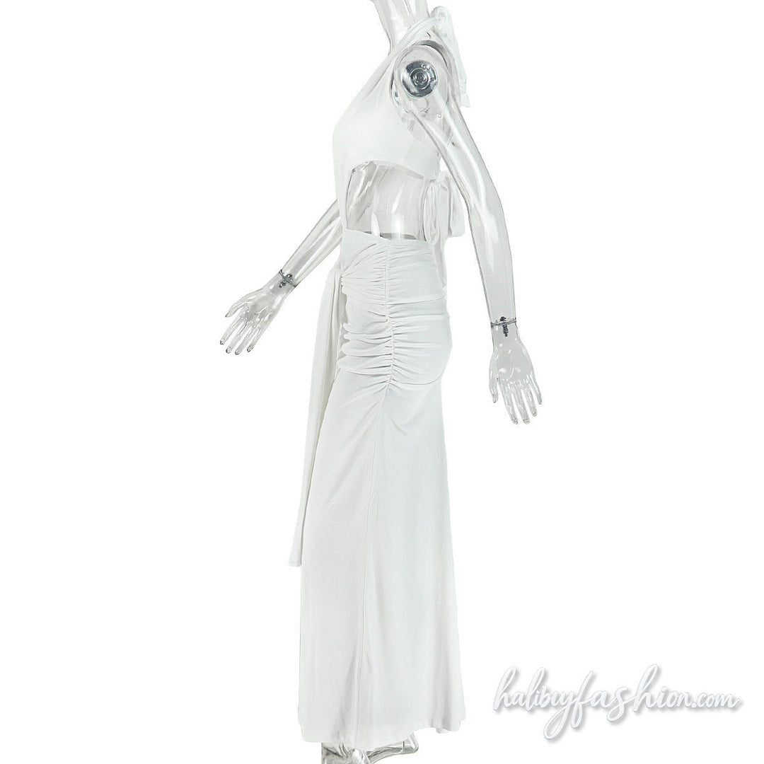 Ruched deep V neck halter self tie slit maxi dress - Halibuy - 4