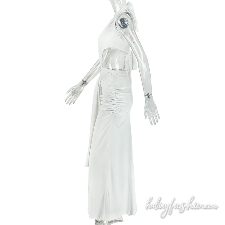 Ruched deep V neck halter self tie slit maxi dress - Halibuy - 4