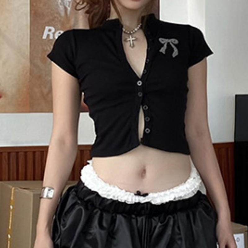 Short sleeve button bowknot pattern top  | Festival Outfits Women-final-sale