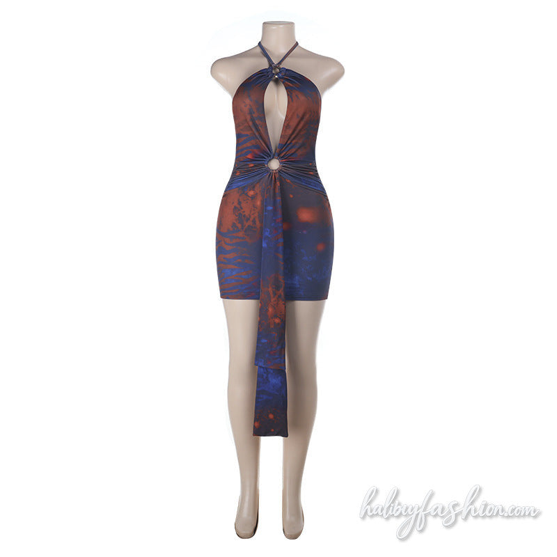 Ruched hollow out print self tie halter mini dress