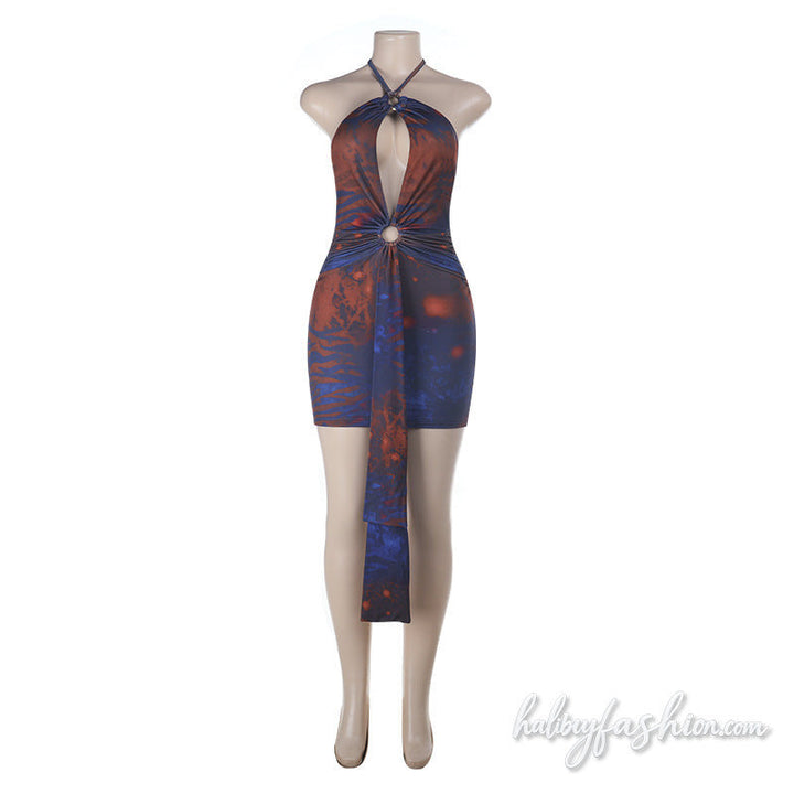 Ruched hollow out print self tie halter mini dress