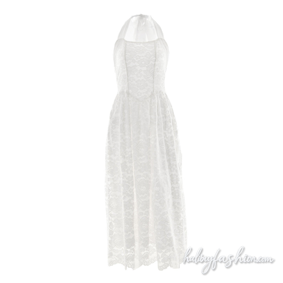Halter self tie lace backless solid midi dress