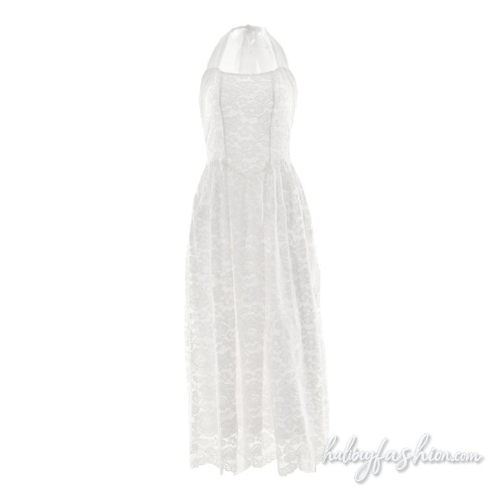 Halter self tie lace backless solid midi dress