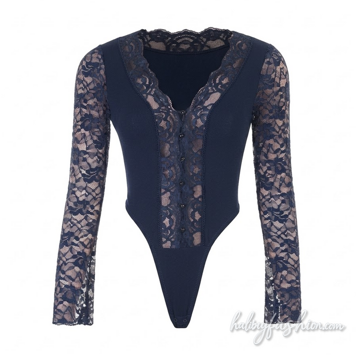 Long sleeve lace v neck button bodysuit - Halibuy