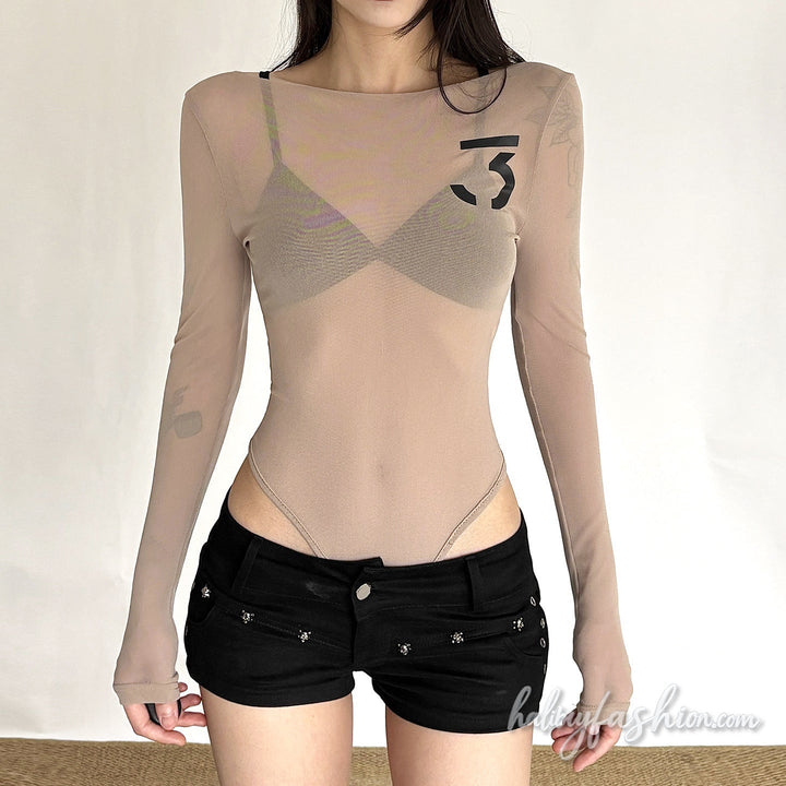Long sleeve see through round neck button bodysuit