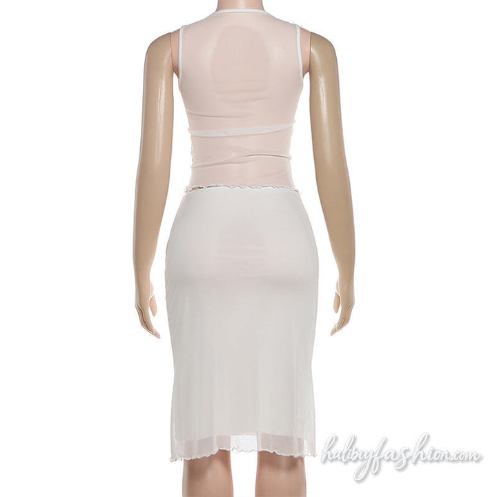 Mesh ruffle v neck sleeveless solid midi skirt set