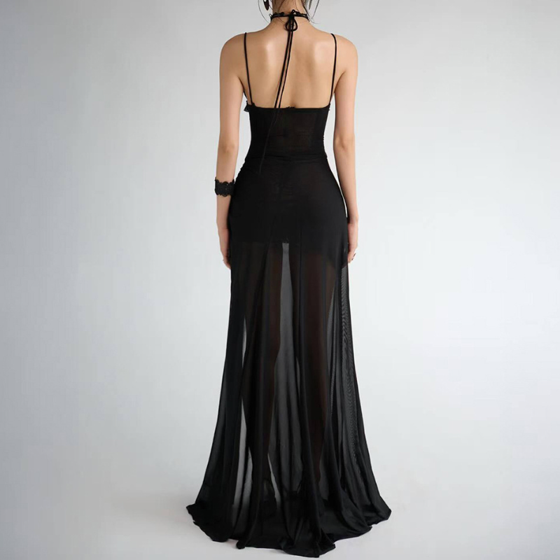 Ruffle halter self tie ruched slit cami maxi dress  | Festival Outfits Women