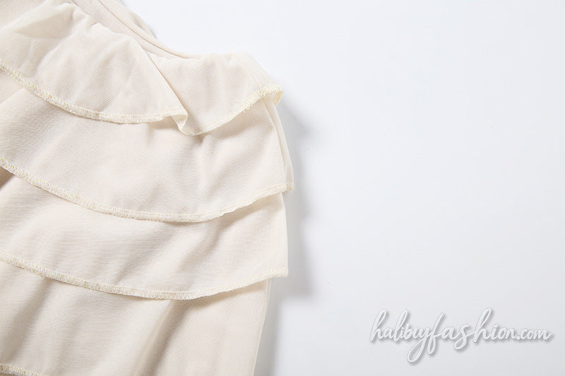 Crewneck ruffle irregular see through mini dress - Halibuy - 8
