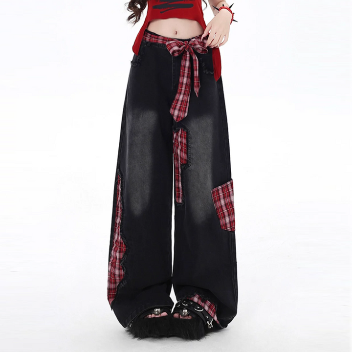 Plaid patchwork raw hem low rise straight leg | Baggy Low Rise Jeans