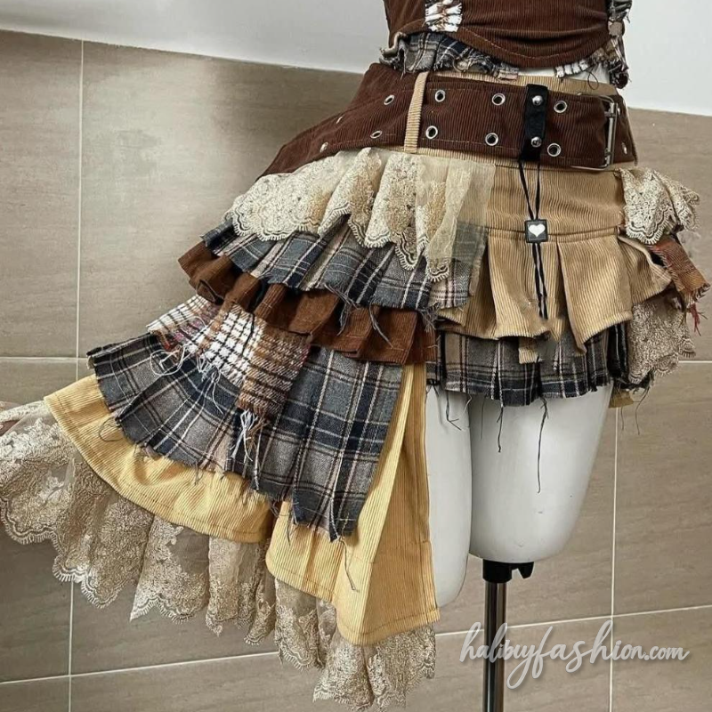 Irregular lace hem plaid patchwork hollow out mini skirt set - Halibuy - 5