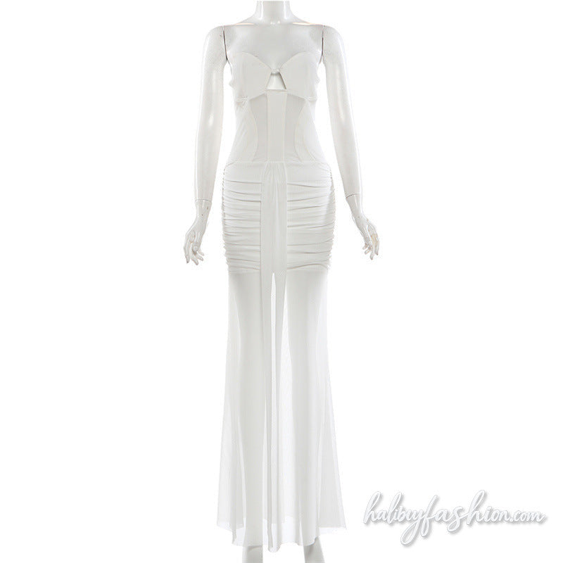 Hollow out ruched mesh solid backless maxi dress