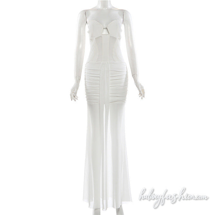 Hollow out ruched mesh solid backless maxi dress
