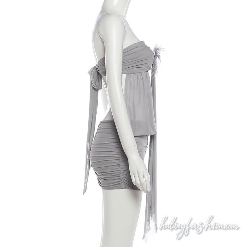 Mesh ruched feather applique self tie mini dress