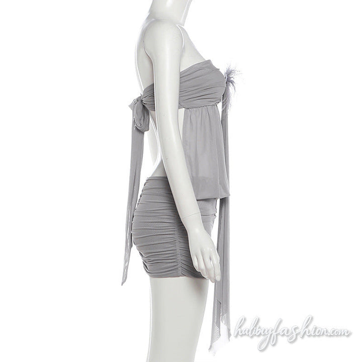 Mesh ruched feather applique self tie mini dress