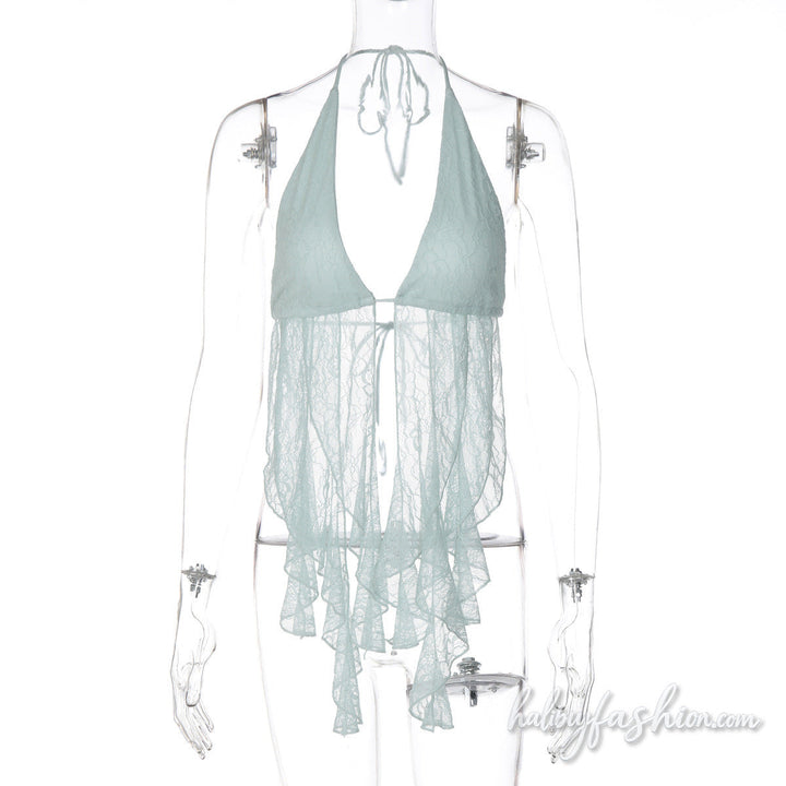 V neck self tie halter lace backless top - Halibuy - 2