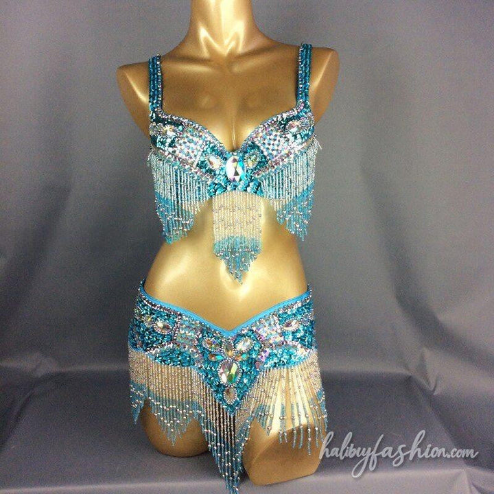 V neck beaded tassels crop mini skirt set