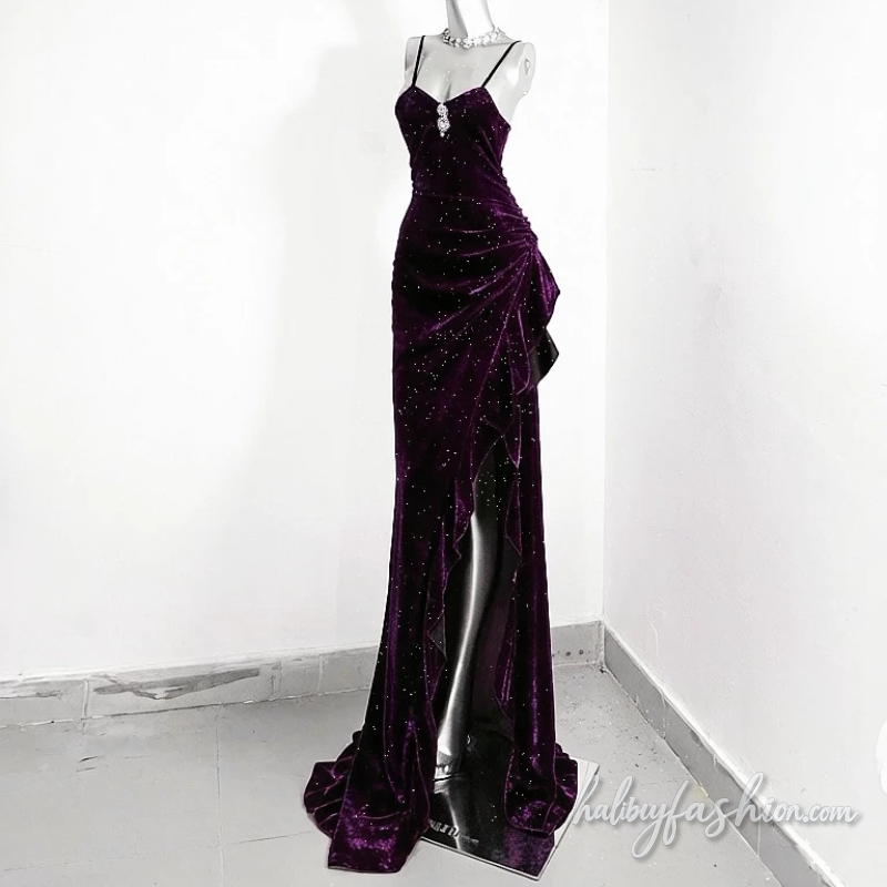 Irregular slit ruched v neck cami maxi dress