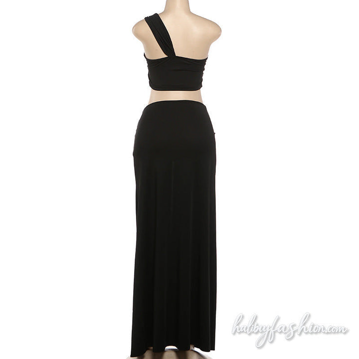 Hollow out one shoulder ruched slit maxi skirt set