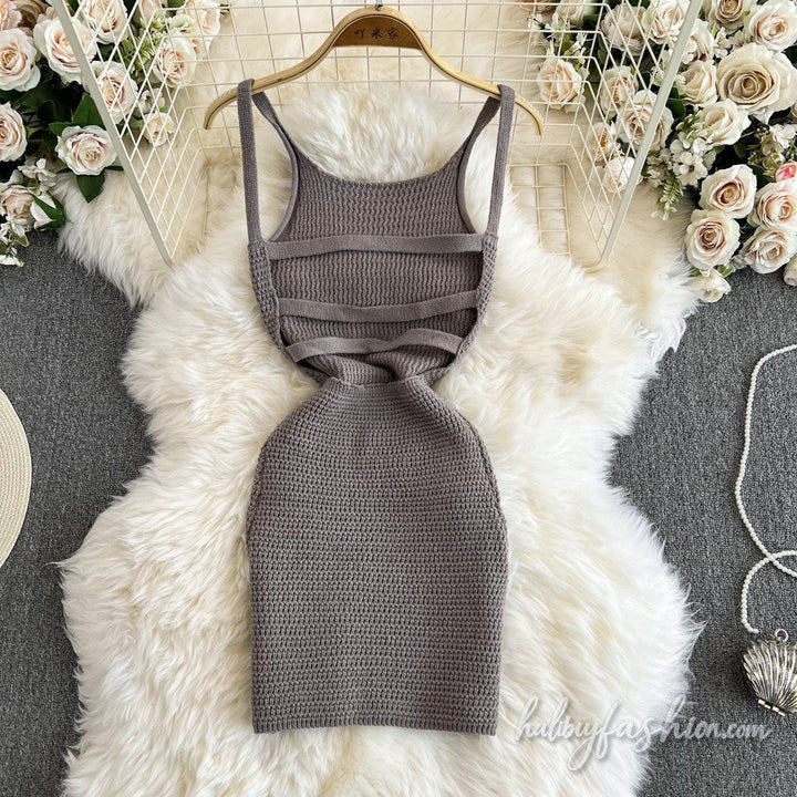 U neck knitted hollow out cami mini dress
