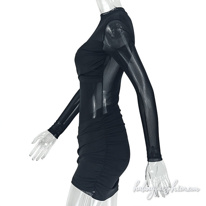 Long sleeve crewneck ruched mesh solid mini dress - Halibuy - 4